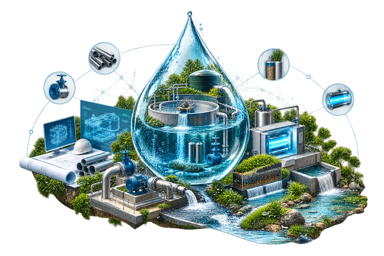 Ilustración de ingeniería de agua y saneamiento: isla de tratamiento con bombeo, filtración y tuberías